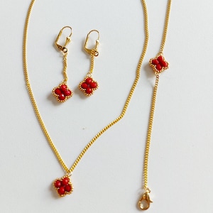 Red Crystal Bracelet, Four Leaf Clover Necklace, Lucky Earring, Shamrock Day Gift, Mother&#39;s Day Gift, Gift For Women, Crystal Bead Jewelry,