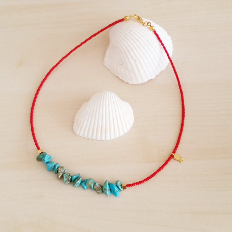 Red and turquoise beaded necklace Turquoise choker Turquoise necklace Beaded necklace summer necklace gift for her Choker jewelry