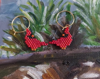 Miyuki Bead Cardinal Earrings: Brick Stitch Bird Jewelry, Bird Lover Gift,