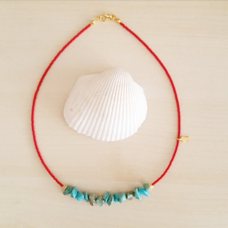 Red and turquoise beaded necklace Turquoise choker Turquoise necklace Beaded necklace summer necklace gift for her Choker jewelry