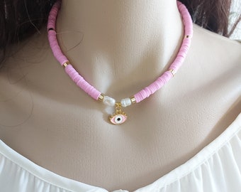 Pink Heishi Bead Necklace: Evil Eye Pearl Beach Jewelry, Summer Surfer Accessory