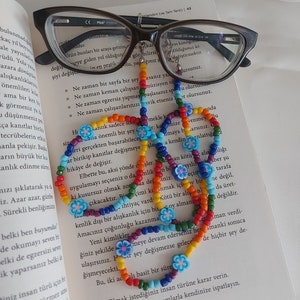 Rainbow Daisy Eyeglass Chain: Beaded Sunglasses Lanyard, Colorful Festival Accessories, Reading Glasses Holder