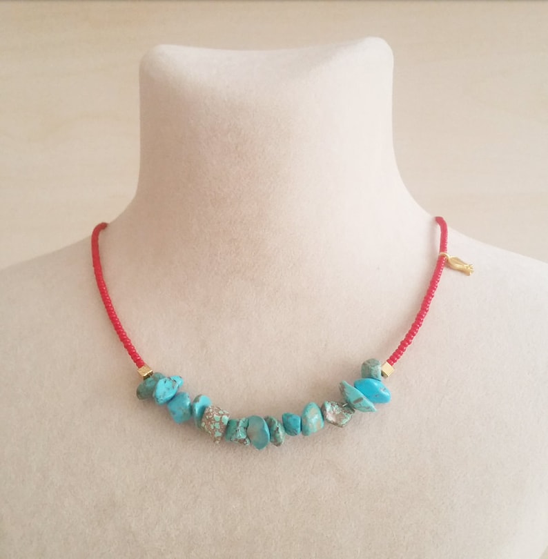 Red and turquoise beaded necklace Turquoise choker Turquoise necklace Beaded necklace summer necklace gift for her Choker jewelry
