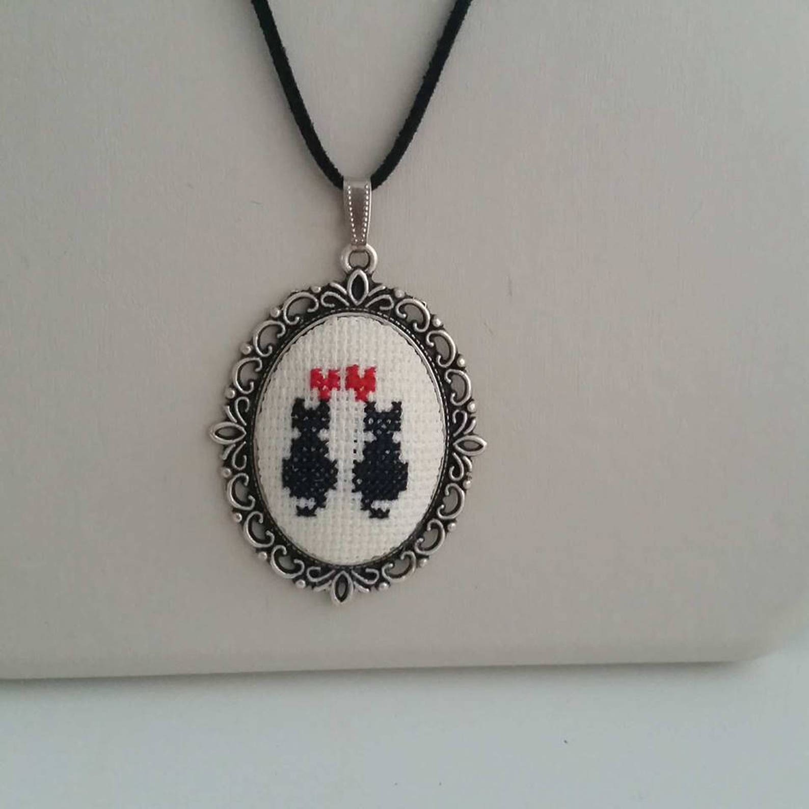 Cross Stitch Necklace, Cat Necklace, Cat Pendant, Cat Cross Stitch