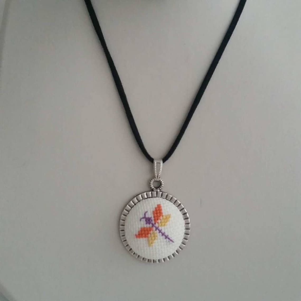 Cross Stitch Necklace, Dragonfly Cross Stitch Necklace, Dragonfly