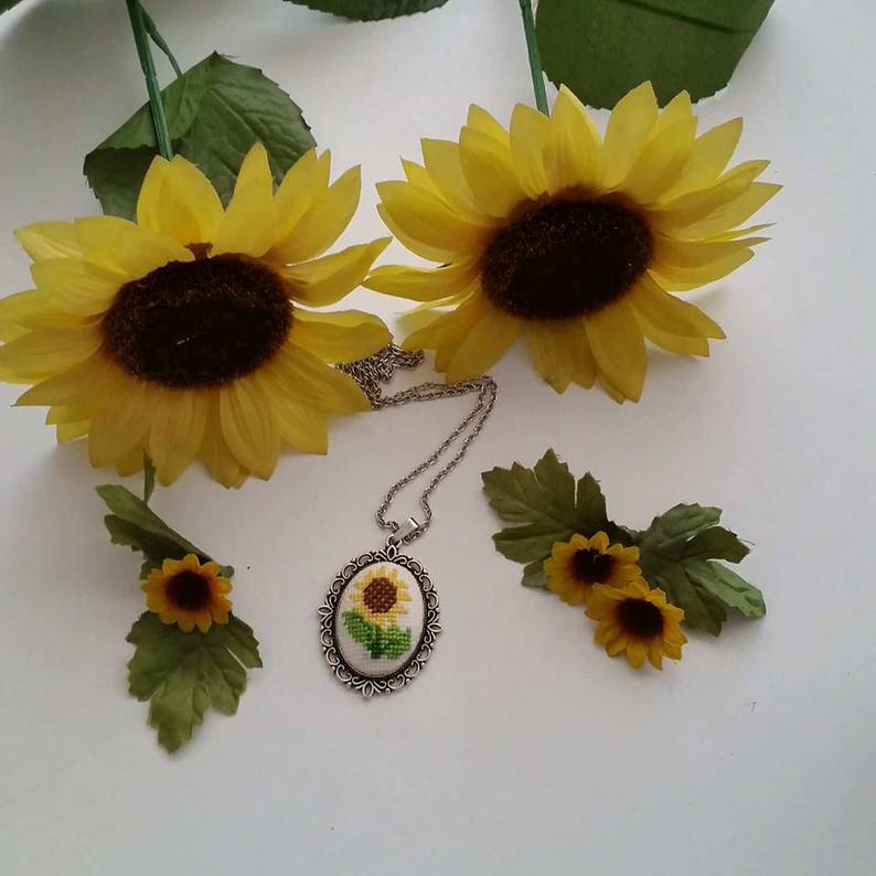 Cross Stitch Necklace, Sunflower Cross Stitch Necklace, Sunflower Necklace, Pendant, Jewellery