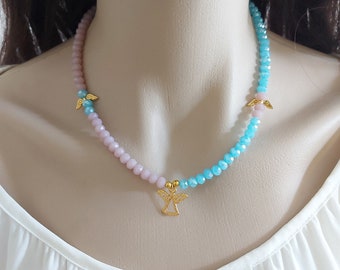 Turquoise Angel Pendant Necklace: Czech Crystal Jewelry, Protection Choker Gift
