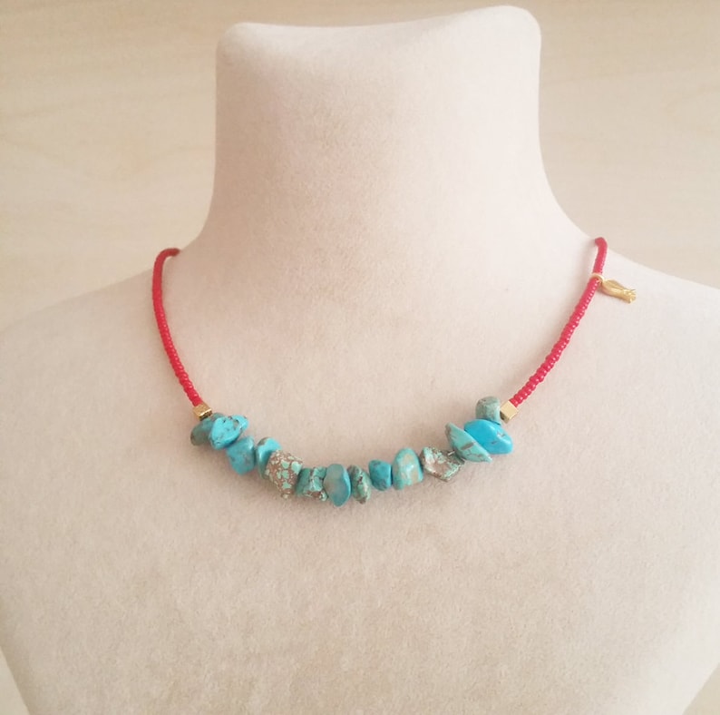 Red and turquoise beaded necklace Turquoise choker Turquoise necklace Beaded necklace summer necklace gift for her Choker jewelry