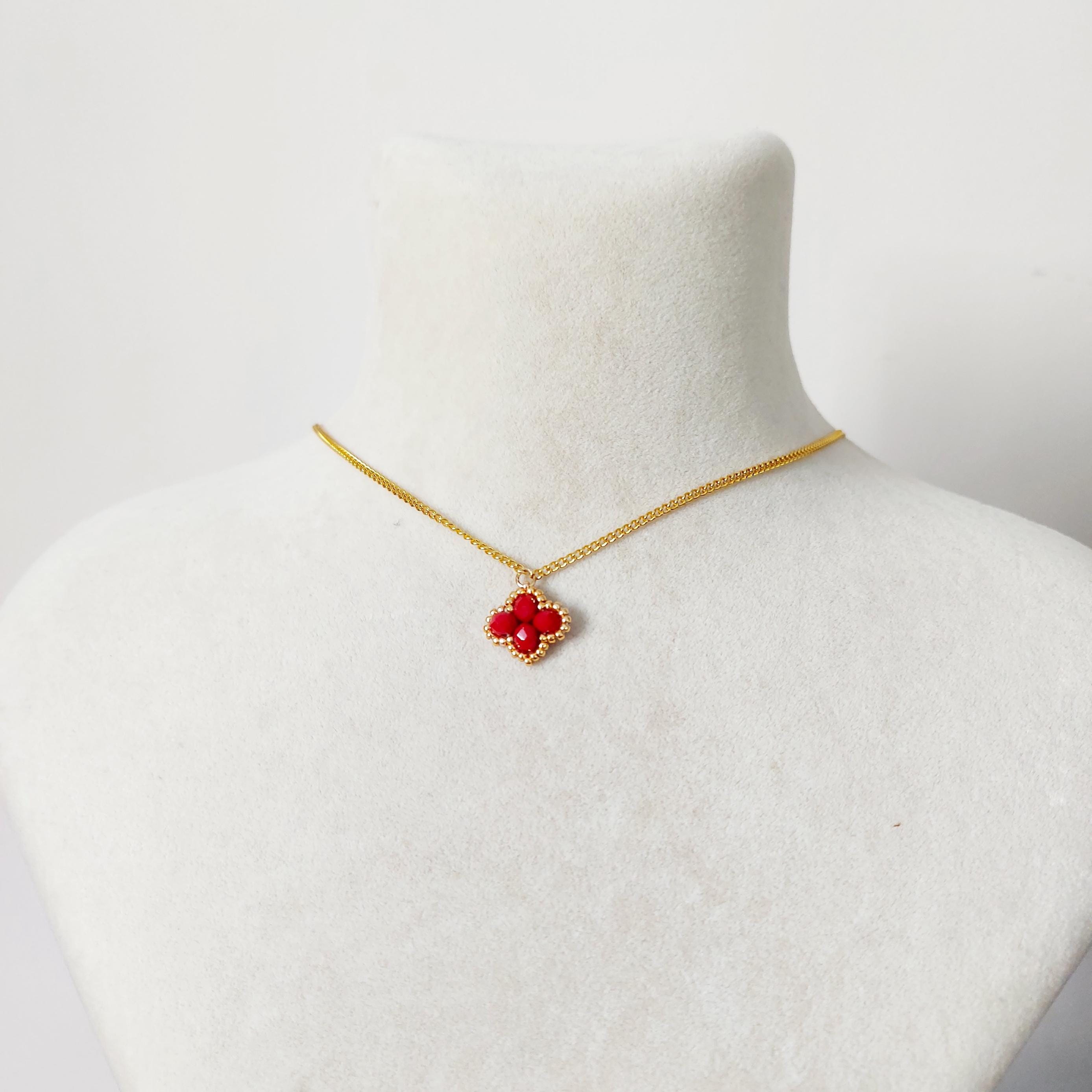 Red Crystal Four Leaf Clover Jewelry Set: Gold Plated Bracelet