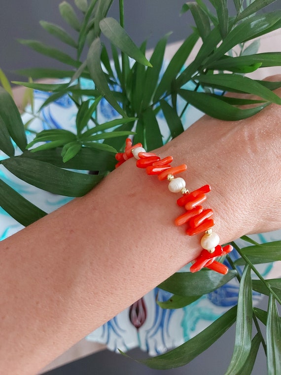 Freshwater Pearl and Orange Coral Bracelet, Freshwater Jewelry
