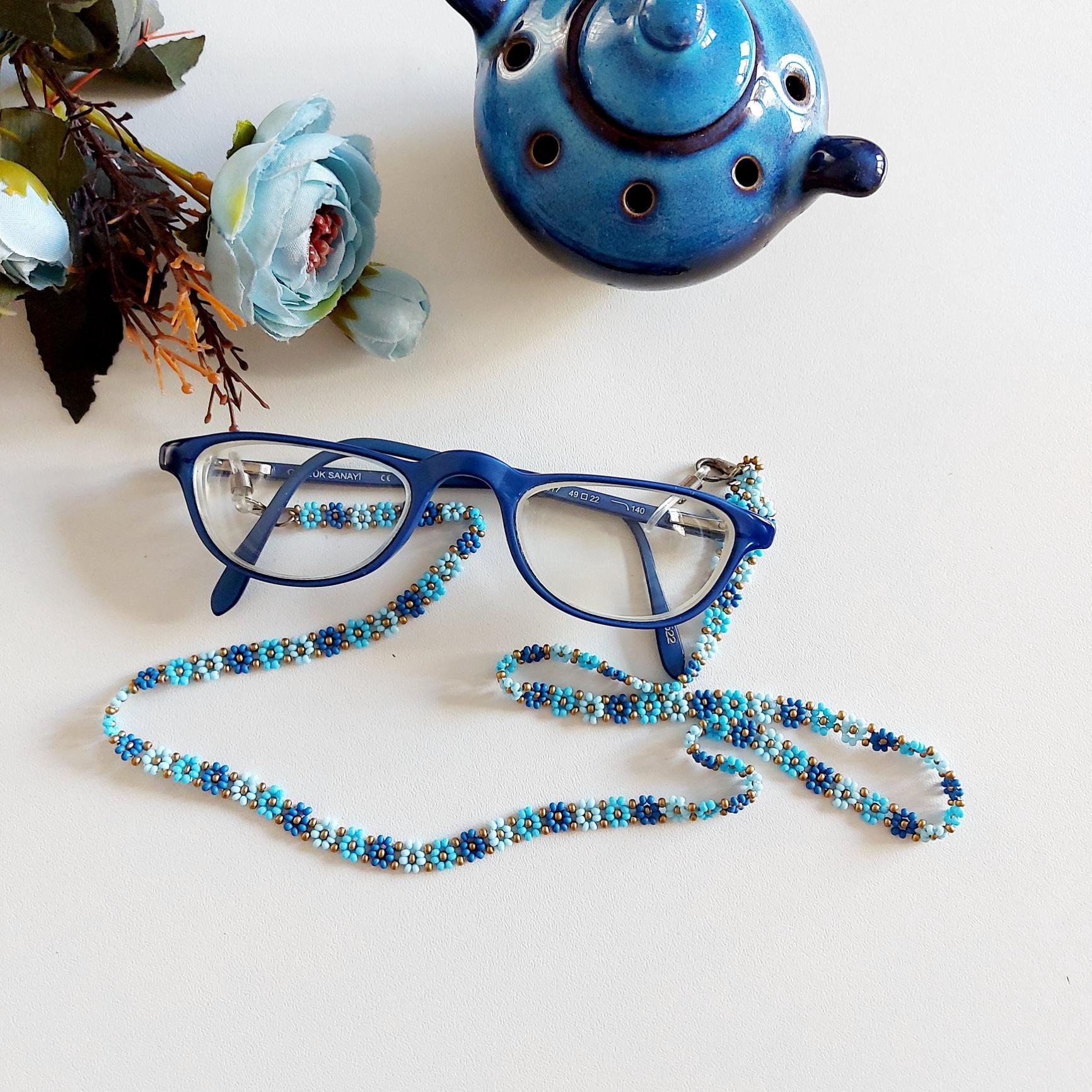 Handmade Glasses/Sunglasses Chain Blue Yellow Daisy Chain Handmade Patina Blue Daisy Beaded Glasses Chain: Women main image 2