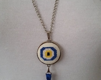 Cross stitch necklace, cross stitch jewelry, Valentine's Day gift, embroidery necklace, evil eye necklace, Evil eye gift, Textile necklace