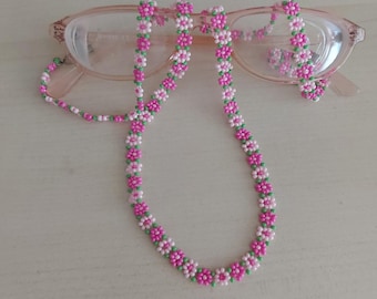 Handmade Wildflower Beaded Eyeglass Chain: Pink Glass Sunglass Strap, Reading Glasses Lanyard, Flower Jewelry