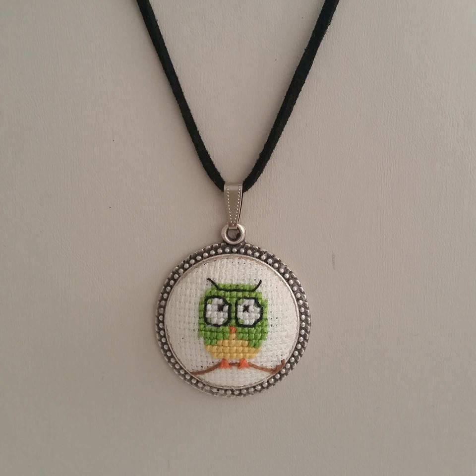 Cross Stitch Necklace, Green Owl Necklace, Owl Cross Stitch Necklace