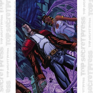 May include: A man wearing a red and white jacket, blue jeans, and a black belt holds a futuristic-looking gun. He is standing in front of a woman wearing a white tank top and blue jeans. The background is a dark, futuristic cityscape with purple and blue lighting.