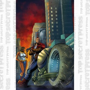 May include: A man and a woman standing in front of a motorcycle. The man is wearing a leather jacket and jeans. The woman is wearing a white dress and a head scarf. The motorcycle is black and has a large front wheel. The background is a city street with tall buildings.