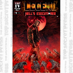 May include: Comic book cover art featuring a man in a black leather jacket standing in a fiery red background with outstretched hands reaching towards him. The title "LEGEND" and "HELL'S EXECUTIONER" are printed in white on the cover.