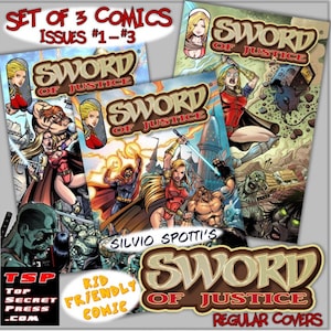 May include: Set of three comic book covers for "Sword of Justice" by Silvio Spotti. The covers feature colorful illustrations of fantasy characters and scenes. The comic is described as "Kid Friendly".
