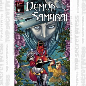 May include: Comic book cover art featuring a red-skinned female demon samurai with horns and a sword. The background is a lush green forest with purple flowers. The title "Demon Samurai" is written in large, bold letters at the top of the cover.