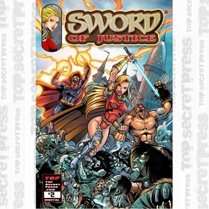 Könnte beinhalten: Comic-Cover mit einer schwert schwingenden Frau in roter Rüstung, einem bärtigen Mann mit einem Schwert und einer Gruppe von Monstern. Der Titel des Comics lautet "Sword of Justice" und die Nummer des Heftes ist #2.