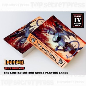 May include: A deck of playing cards with a red, orange, and yellow background. The cards feature a blue-skinned woman with red horns and a tail, holding a gun. The box says "Top Secret Press" and "Legend: Hell's Executioner".