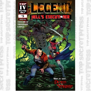 Puede incluir: Portada de cómic para Legend #5: Hell's Executioner. La portada presenta un fondo verde pantanoso con una criatura monstruosa y un guerrero vestido de rojo con una espada. El texto "Who is this... Demon Samurai?" está en la parte inferior de la portada.