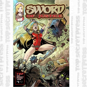 May include: Comic book cover featuring a woman in red armor wielding a sword, fighting against a group of green-skinned creatures. The title of the comic is "Sword of Justice".