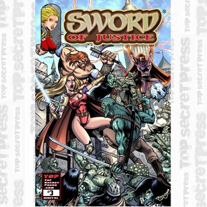 Peut inclure: Couverture de bande dessinée pour "Sword of Justice" numéro 3. La couverture présente une guerrière en armure rouge, un grand homme musclé avec une épée et un monstre vert avec une masse. L'arrière-plan est un décor fantastique avec un château et des éclairs.