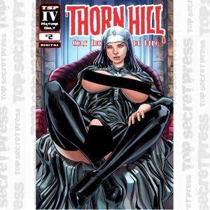 Può includere: Copertina del fumetto "Thorn Hill" #2. L'immagine presenta una donna vestita da suora, seduta su una sedia. La copertina include il titolo, il numero e il testo "Mature Only".