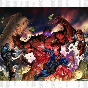 May include: A comic book illustration of a red, muscular, humanoid figure with glowing purple eyes, fighting against three other figures. The red figure is holding a large rock in its left hand. One of the figures is wearing a black and silver suit and holding a gun. Another figure is wearing a blue and red suit and is being struck by a red energy blast. The third figure is wearing a red and black outfit and is jumping in the air. The background is a dark, red, and purple landscape.