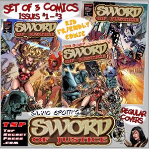 May include: Set of three comic books titled "Sword of Justice" by Silvio Spotti. The covers feature fantasy characters and scenes with a red, gold, and blue color scheme. The first cover shows a woman with blonde hair and a red outfit holding a sword. The second cover shows a woman with blonde hair and a red outfit standing in front of a dragon. The third cover shows a woman with black hair and a black outfit.