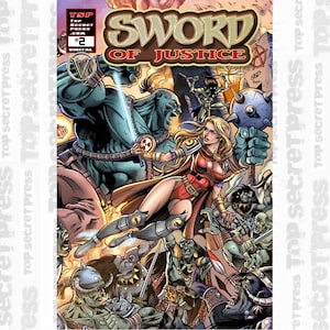 Könnte beinhalten: Ein Comic-Cover mit einer Frau in roter Rüstung, die ein Schwert schwingt und gegen ein großes grünes Monster kämpft. Der Titel des Comics lautet "Sword of Justice" und die Nummer des Heftes ist #2.