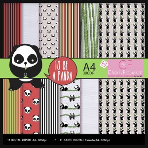 Panda, Digital Paper, Printable Graphics, A4 Black White Red Green, Panda Scrapbooking, Rods, Leaves, Stripes, Invitations
