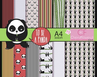 Panda, Digital Paper, Printable Graphics, A4 Black White Red Green, Panda Scrapbooking, Rods, Leaves, Stripes, Invitations