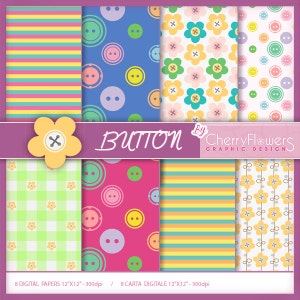 Carta digitale scrapbooking - Bottoni - blu rosso giallo fucsia verde - fiori righe quadri - cucito, inviti, etichette, decoupage, stampa