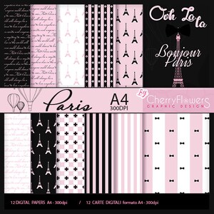 Carta digitale Parigi, fogli per scrapbooking, carte stampabili, illustrazione Parigi, tema francia Parigi, torre Eiffel, fogli inviti nozze