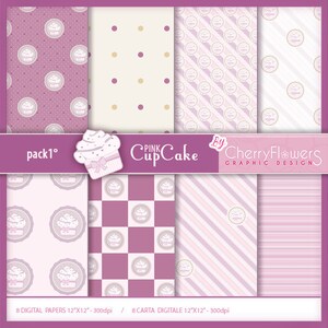 Carta digitale scrapbooking, fogli stampabili, immagini pasticceria, illustrazioni da stampare, sfondi per pasticceria, cupcake rosa