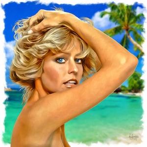 May include: A woman with blonde hair and blue eyes is posing for a portrait. She is wearing a white top and has her arm around her shoulder. The background is a tropical beach scene with palm trees and blue water.