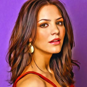 May include: A woman with long brown hair and a red top poses against a purple background. She is wearing gold earrings and has a soft, natural look.
