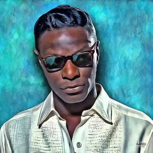 Puede incluir: Pintura digital de un hombre de piel oscura con gafas de sol con montura marrón y una camisa abotonada de color claro. El fondo es una mezcla de tonos azules y verdes. La imagen tiene un estilo vintage y artístico.