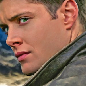 May include: A close-up portrait of a man with short brown hair and green eyes. He is wearing a dark brown leather jacket and looking off to the side.