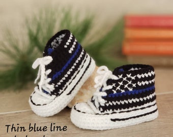 THIN BLUE LINE Baby shoes, Police Baby Shower Gifts, Crochet Baby Shoes, Baby Police Officer, Police Shoes, Newborn Baby Booties