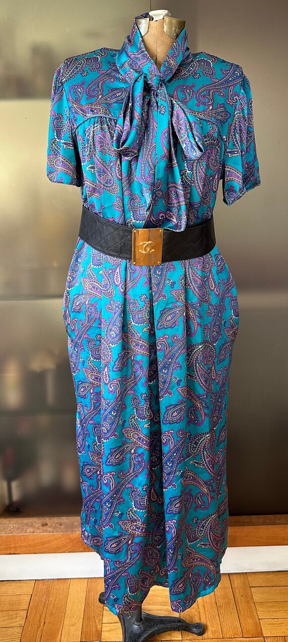 Vintage Christian Dior Stunning Blue purple Gold multicolor Paisley Satin Dress Lounge With Bow M L Etsy Australia