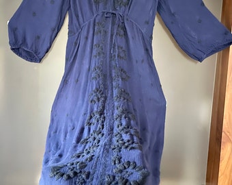 Vintage 1970s Bohemian Navy blue floral embroidery, pure indian cheese cotton long maxi dress/gown M/L
