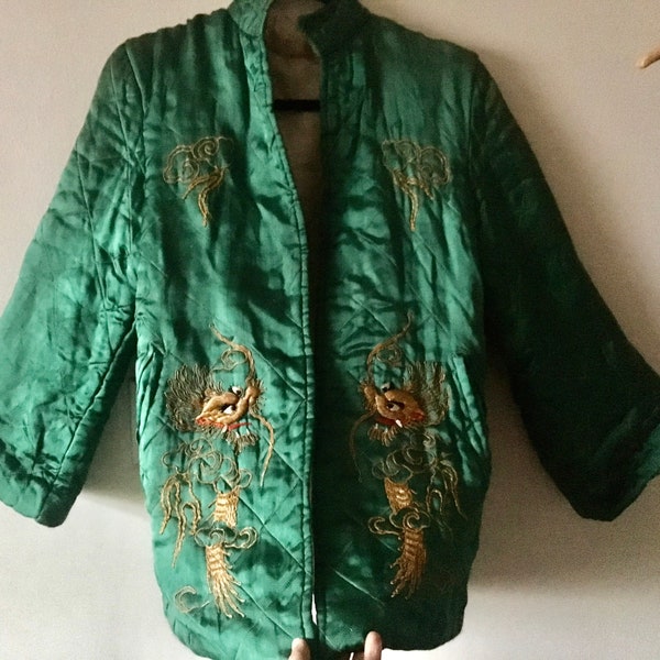 Vtg Pre wold war green silk asian trophy jacket gold dragon embroidery unisex M