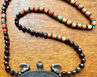 Vintage/antique Asian solid silver comb w/handcarved birds pendant  on old corals,malachite, bleack pearls necklace.