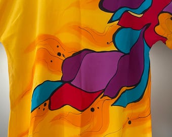 Vintage Arthur Schafer handbemalt gelb multicolor 100 % reine Seide abstrakte Kunst zum Tragen / tragbare Kunst Kleid M / L