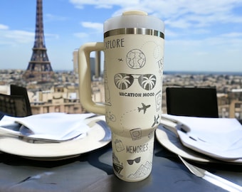 TRAVEL THEMED laser engraved  40 oz Tumbler.  Hydrate in style during your worldly travels!