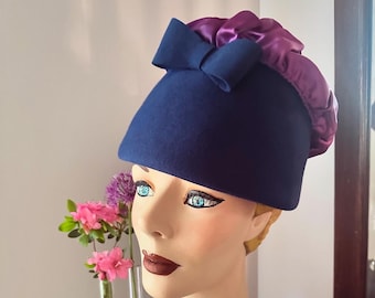 Navy Blue Fascinator with Flower Accent Wool Felt Pillbox Hat Headwear Formal s-l400.jpg main image 4