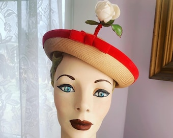 1950s Rose Hat, Stand Up Rose Hat, 60s Straw With Rose Hat, Red Velvet Bows Hat, 50s Three Dimensional Rose Hat, Sunday Dress Hat, Vintage